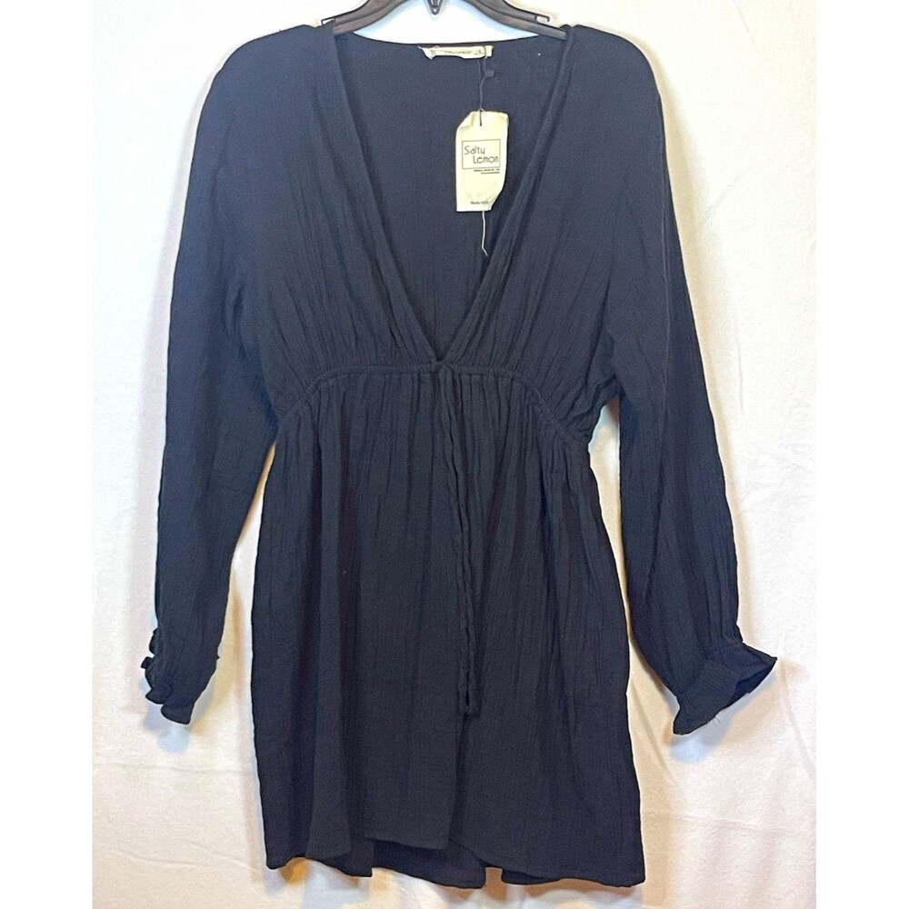 Salty Lemon Women’s Black V-Neck Long Sleeve Ruffle Mini Dress Swim Cover Size L